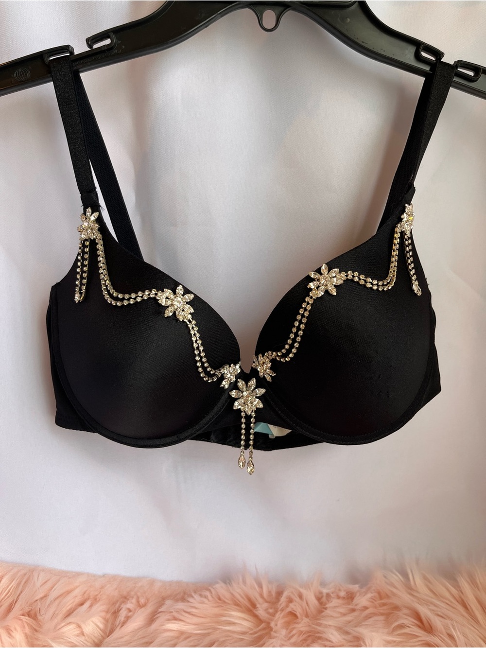 Marciano Black Bra with Gold Rhinestone Floral Chains